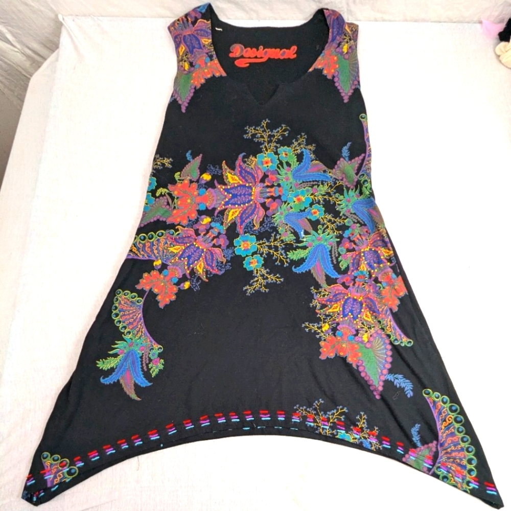 Desigual Floral Embroidered Bohemian Black Tunic Size Medium